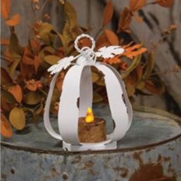 *White Distressed Metal Pumpkin Tealight Lantern - Picture 12 of 13
